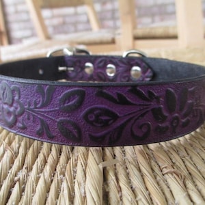 Black Violet Leather Dog Collar. 1" Width. Embossed  Purple Gothic Floral Collar. Made to Order.