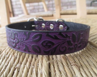 Black Violet Leather Dog Collar. 1" Width. Embossed  Purple Gothic Floral Collar. Made to Order.