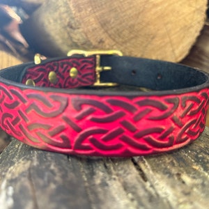Deep Red Celtic Collar Embossed Leather Dog Collar. Celtic Pattern with Brass Buckle. Made to Order. image 1