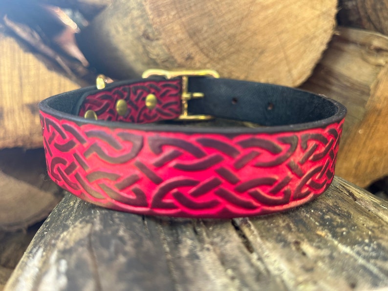 Deep Red Celtic Collar Embossed Leather Dog Collar. Celtic Pattern with Brass Buckle. Made to Order. image 1