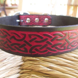 Celtic Leather Dog Collar. 1 1/4&quot; Deep Red and Black Embossed Leather Collar.