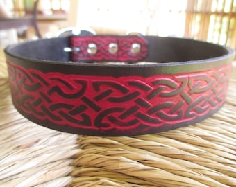 Celtic Leather Dog Collar. 1 1/4" Deep Red and Black Embossed Leather Collar.