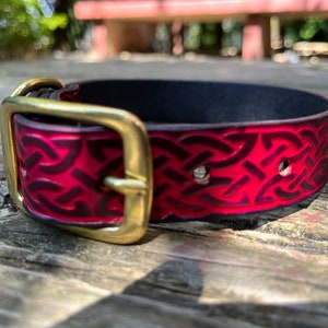 Deep Red Celtic Collar Embossed Leather Dog Collar. Celtic Pattern with Brass Buckle. Made to Order. image 2