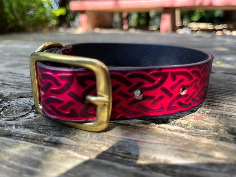 Deep Red Celtic Collar Embossed Leather Dog Collar. Celtic Pattern with Brass Buckle. Made to Order. image 2