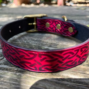 Deep Red Celtic Collar Embossed Leather Dog Collar. Celtic Pattern with Brass Buckle. Made to Order. image 3