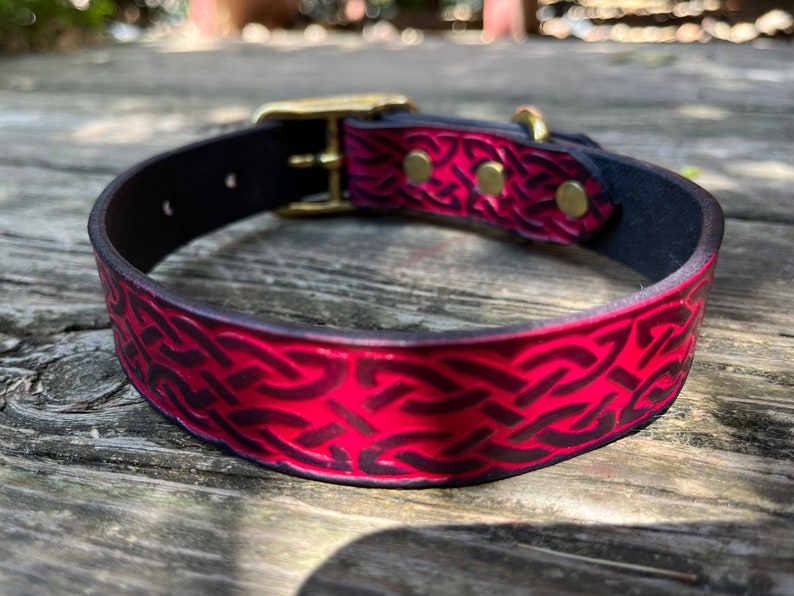 Deep Red Celtic Collar Embossed Leather Dog Collar. Celtic Pattern with Brass Buckle. Made to Order. image 3