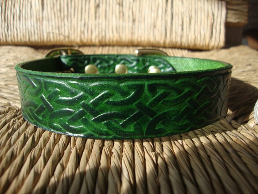 Forest Green Celtic Collar  Embossed  Leather Dog Collar. Celtic Patt…