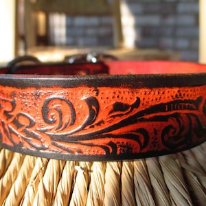 Embossed Black and orange  Leather Dog Collar.  1&quot; Width.
