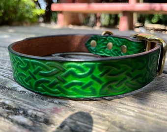 Forest Green Celtic Collar.  Embossed  Leather Dog Collar. Celtic Pattern with Brass Buckle.