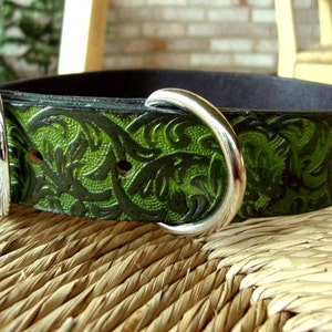 Forest Green Leather Dog Collar. 1 1/4 Forest Green and Black Embossed Western Vine Collar. image 4