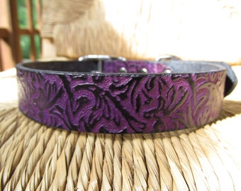 Violet  Leather Dog Collar.  1" Wide Purple and Black Embossed Vine Collar. Made to Order.