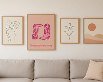Cowboy Take Me Away – Impresión de arte mural con botas de vaquera rosas