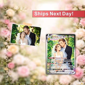 May include: A custom trading card featuring an anime-style illustration of a bride and groom, modelled after a photograph of the couple. The card displays the text Wedding Day, Power Couple, and Magical Moment, with a 2026 HP value.