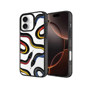 May include: A white iPhone case with a repeating pattern of black snakes, highlighted with red, yellow, and blue. The case is displayed next to a black iPhone. A striking design for a mobile phone.