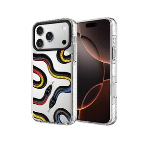 May include: Clear phone case with a repeating pattern of black snakes with red, yellow, and blue details. The case is displayed next to a phone, both against a white backdrop. The case has a black border around the camera.