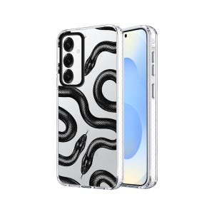 May include: Transparent phone case with a repeating pattern of black snakes on a white background. The case is shown with a smartphone inside, displaying the design and the phone's screen.