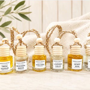 May include: Six small glass bottles with wooden caps and hanging cords, each containing scented oil. Labels read INDIGO CURATED followed by the names FRESH SQUEEZE, BEACHSIDE BREEZE, VOLCANO, LAVENDER CREAM, DESERT ROSE, and TIMBER in black text.