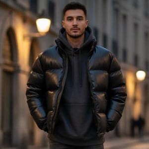 Chaqueta acolchada de cuero negro para él, abrigo de invierno acolchado de piel de oveja auténtica.