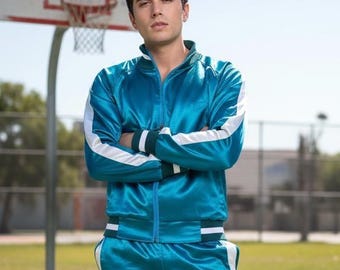 Men's Teal Satin Tracksuit, Retro Bomber Jacket Jogger Set