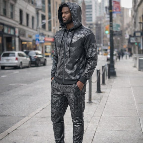 Men’s Designer Tracksuit Set Luxury Greek Key Pattern Hoodie & Joggers Streetwear Nylon Tracksuit Outfit