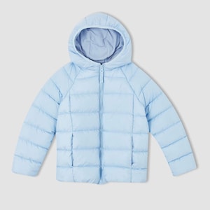 May include: A light blue puffer jacket with a hood. The jacket has a full-length zipper and two front pockets. The hood is lined with a lighter shade of blue. The jacket is designed for cold weather and is made of a quilted material.