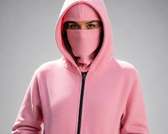Ninja Full Zip Face Cover Hoodie in Vibrant with Mask Streetwear Hooded Sweatshirt Unisex