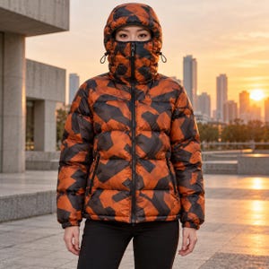 Puede incluir: Una chaqueta acolchada con un patrón de camuflaje geométrico en tonos naranja quemado y negro. La prenda incluye un cuello alto, una cremallera frontal completa, mangas largas con puños elásticos y una capucha integrada con cordones.