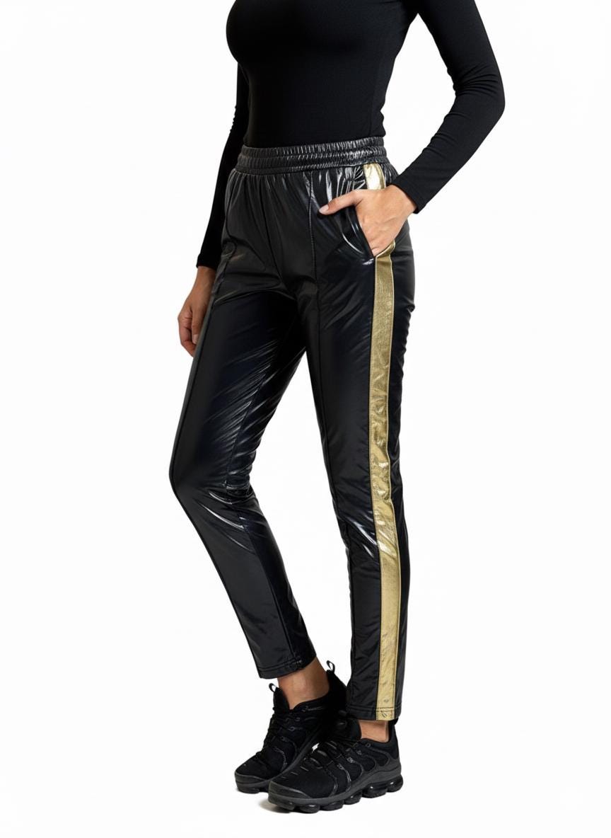 black dress pants with gold stripe Striped Polyester Slacks