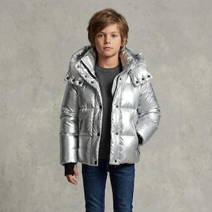 Silver Metallic Puffer Jacket for Boys Shiny Quilted Winter Coat with Hood Kids
