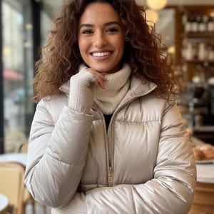 May include: A woman wearing a beige puffer jacket with a high neck sweater and matching gloves. The jacket has a zipper closure. The woman is smiling, with curly brown hair.