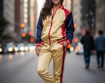 Women Nylon Tracksuit Set Shiny Sporty Track Jacket & Pants Streetwear Athleisure Two Piece Outfit