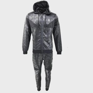 May include: Black tracksuit set with a geometric pattern. The set includes a hooded zip-up jacket and matching trousers. The jacket features a black hood and black accents on the shoulders. The trousers have a pocket on the side.