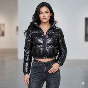 Chaqueta acolchada corta negra brillante para mujer, de vinilo brillante con efecto mojado.