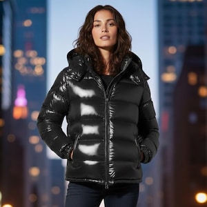 Puede incluir: Una chaqueta acolchada negra brillante con capucha y cremallera completa. La chaqueta tiene una superficie brillante y reflectante y la lleva una persona frente a un fondo urbano borroso. La chaqueta tiene un diseño acolchado.