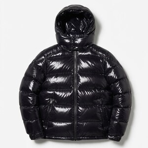 Mens Shiny Black Nylon Puffer Jacket Hooded Water-Resistant Winter Bubble Coat