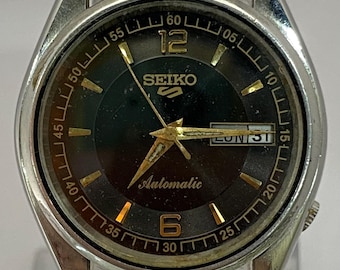 Vintage Seiko 5 Automatic Watch: Black Dial, Day/Date, Leather Strap