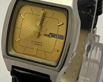 Refurbished Seiko 5 Automatic Watch: Golden Dial, Day/Date, Leather Strap "Good Working"