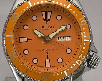 Vintage Seiko Automatic Diver Style Watch: Orange Dial, Day/Date Restored Leather Strap