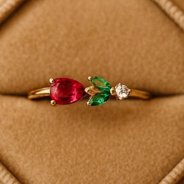 Gold Ruby and Emerald Toi et Moi Ring, Diamond Accent
