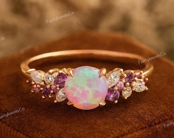 Fire Opal and Amethyst Ring - Gold Cluster Promise Ring