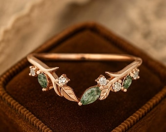 Moss agate Stone Leaf Ring • Nature Inspired Marquise Gemstone Band • Dainty Rose Gold Branch Ring • Boho Stacking Jewelry • Gift for Her.