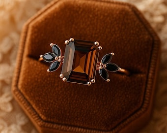 Smoky Quartz Ring • Emerald Cut Quartz Ring • Rose Gold Vintage Ring.