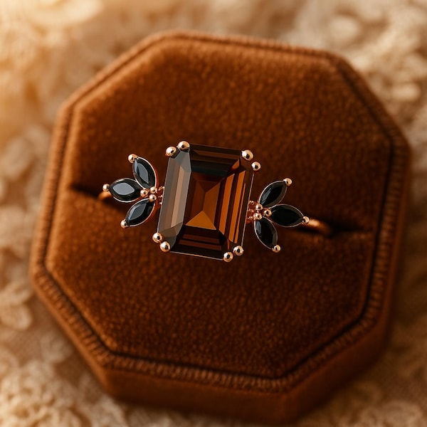 Rauchquarz Ring • Smaragd Quarz Ring • Roségold Vintage Ring.