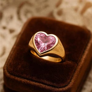 Heart Cut Pink Tourmaline Ring • Solid Gold Bezel Heart Ring • Romantic Statement Ring • Valentine Gift Jewelry.
