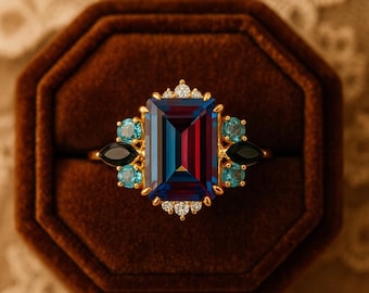 Alexandrite Engagement Ring • Emerald Cut Color Change Ring • Unique Gold Ring.