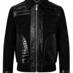 Men's Suede Jacket, Black Crocodile Embossed luxury motorcycle jacket, Handmade Leather Bomber, Designer Style Outerwear