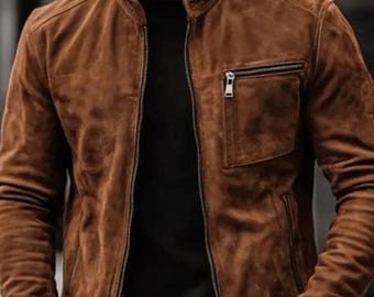 Men's Vintage Brown Suede Zip Pocket Stand Collar Motorcycle Jacket