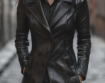 Women's Black Genuine Leather Coat | Classic Button-Up Trench Style | Elegant Slim Fit Coat