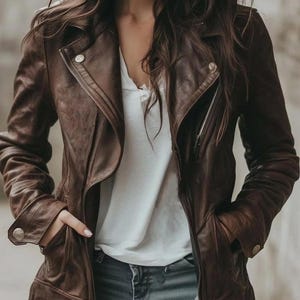 May include: A brown leather jacket with an asymmetrical zip. The jacket has a notched collar, pockets, and silver-tone hardware. The model is wearing a white top and blue jeans. The jacket is a classic style.