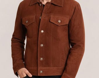 Men’s Brown Suede Trucker Jacket – Handmade Western Outerwear